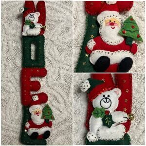 Vintage Bucilla Felt & Sequin NOEL Santa Bear Christmas Wall Hanging Completed